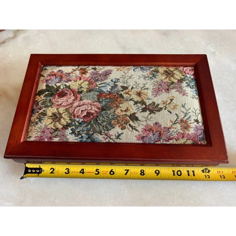 Vintage Wood Jewelry Box Tapestry Top Full Mirror Wooden Box Velvet interior